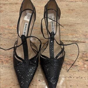 Manolo Blahnik Black Alligators T Strap and Leather Lace Heels NEVER Worn 37 1/2